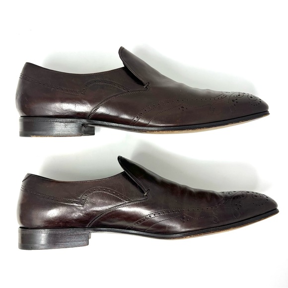 AUTHENTIC! Prada Brown Leather Cut Out Perforated Wingtip Loafers Size 7.5 - Picture 6 of 12